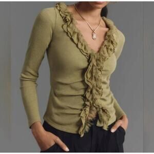 Anthropologie Olive Green Ruffle Ribbed V-Neck Cardigan Size XL Cotton Preppy